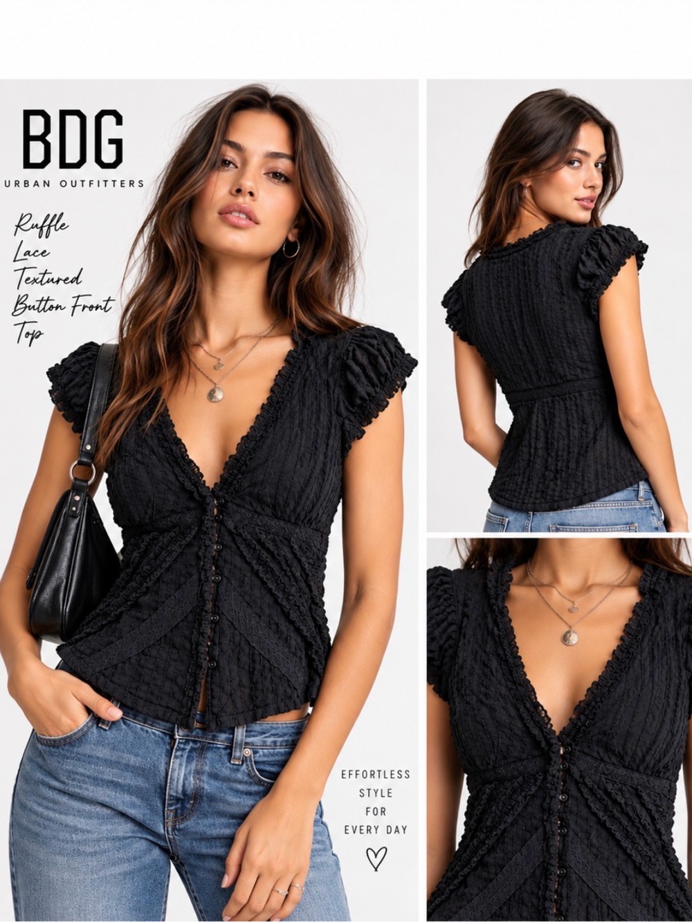 BDG Black Ruffle Top - Lace Button-Front Textured